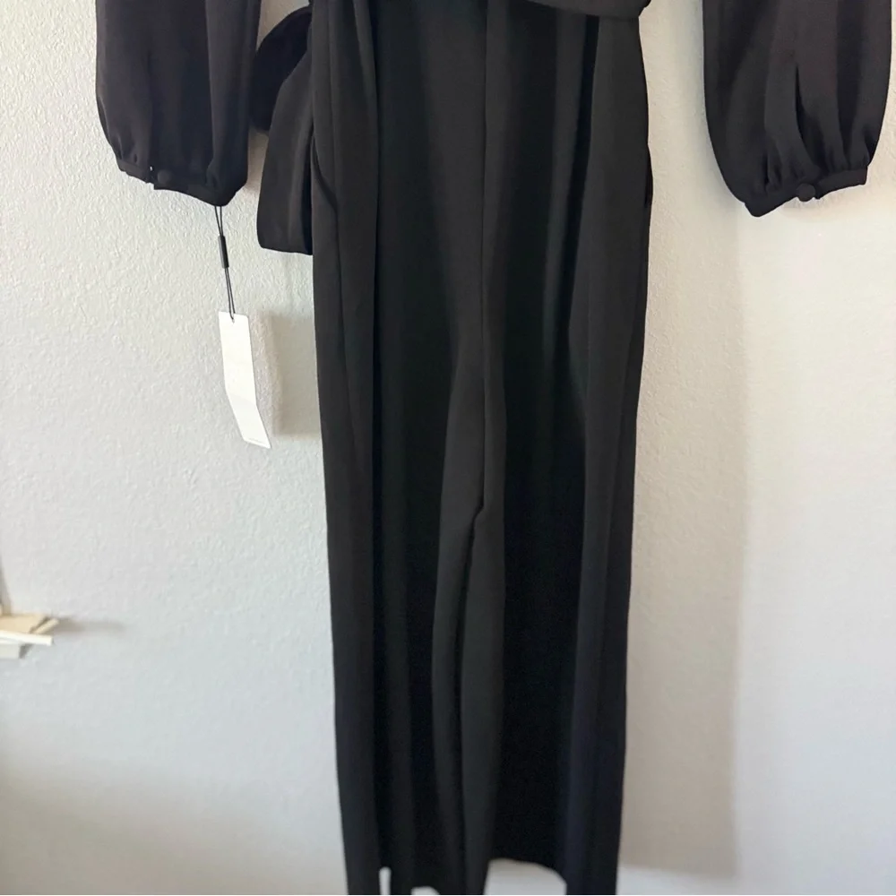 New Calvin Klein Jumpsuit Black Sz 2 Wide Crop High Neck Peep Hole, Tie, Pocket